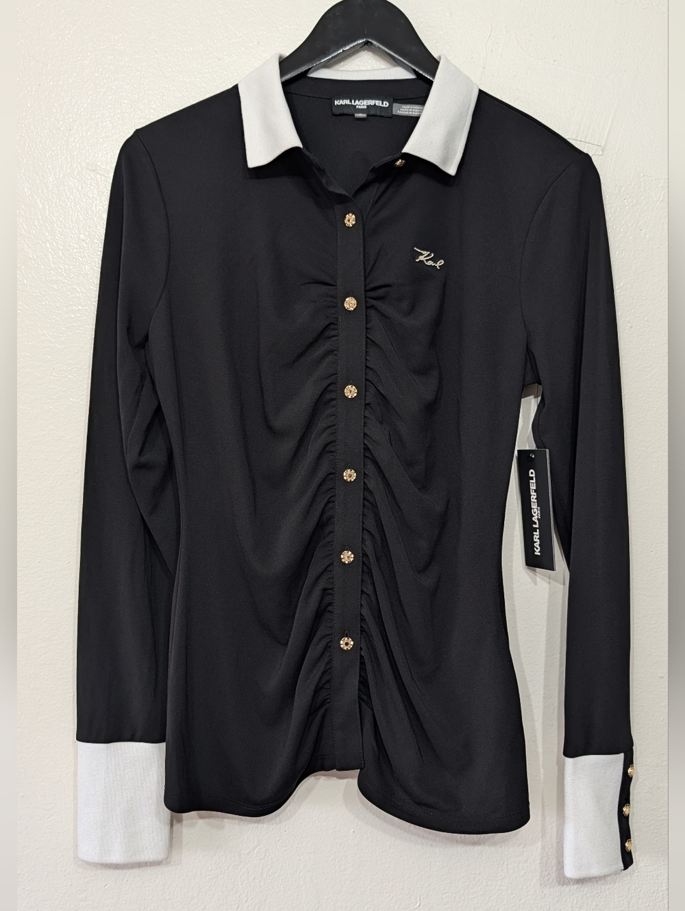 Karl Lagerfeld Black Button-Front Long Sleeve Top with White Collar